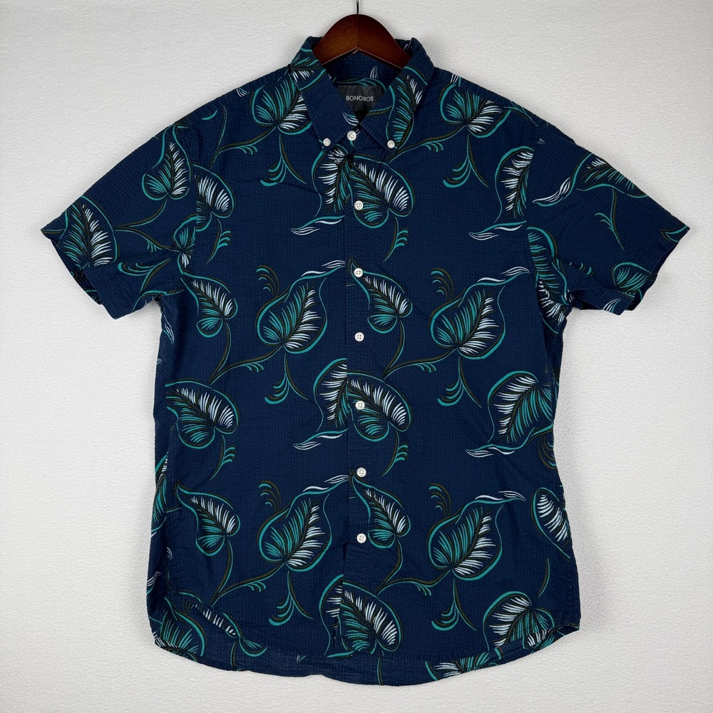 Bonobos Seersucker Button Down Shirt Mens L Navy Blue Tropical Leaf Slim Fit - Picture 2 of 8